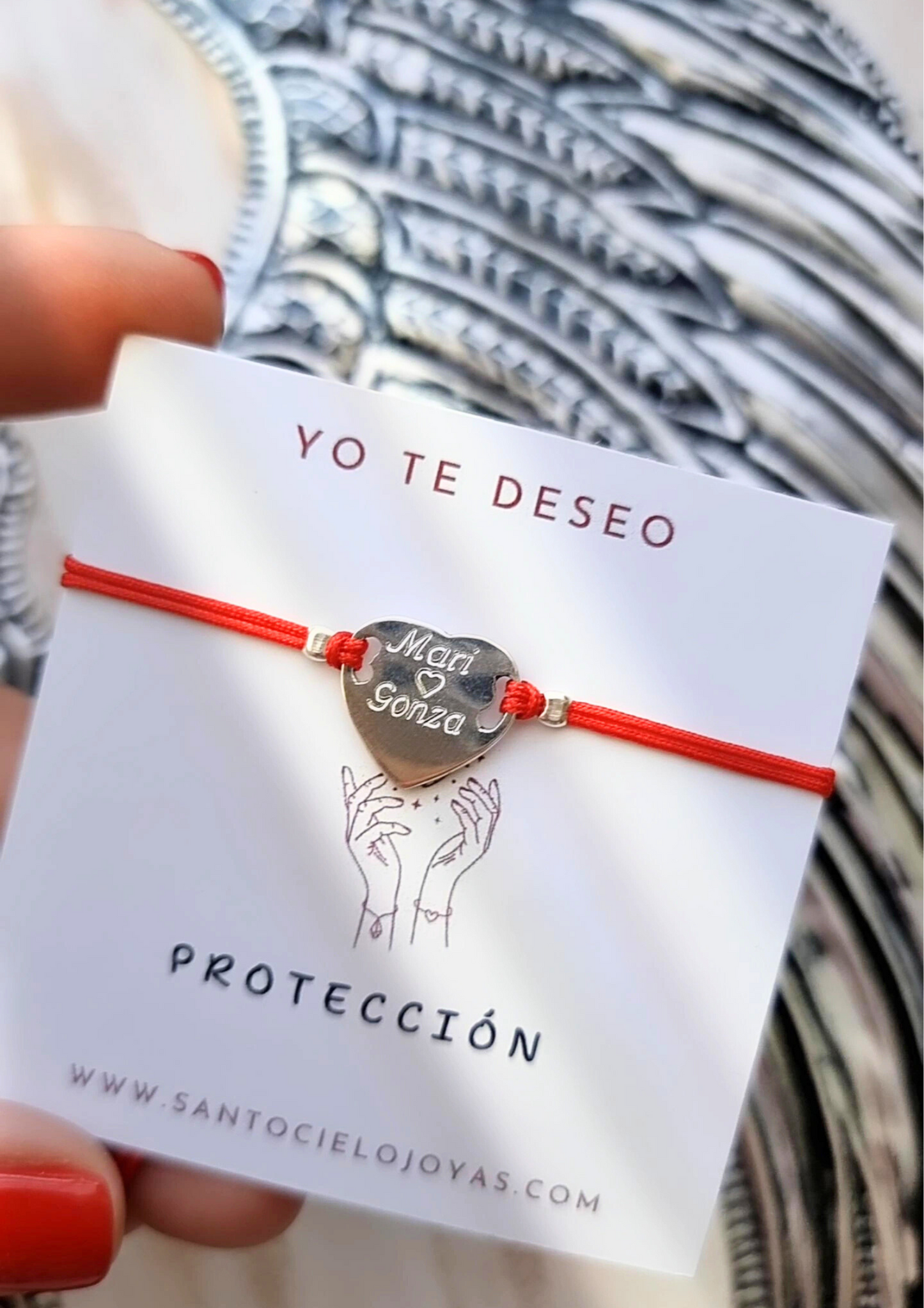 Pulsera corazon para grabar hilo rojo plata