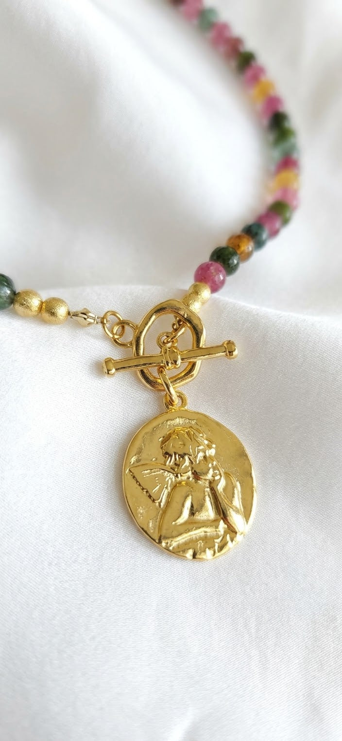 Collar Medalla Ángel Celeste & Turmalina | Baño de Oro 24K