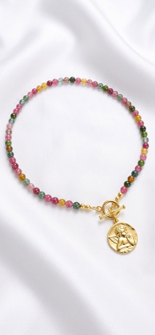 Collar Medalla Ángel Celeste & Turmalina | Baño de Oro 24K