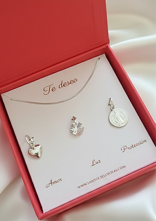 Set Te Deseo "𝑻𝒆 𝒅𝒆𝒔𝒆𝒐 𝑨𝒎𝒐𝒓, 𝑳𝒖𝒛 𝒚 𝑷𝒓𝒐𝒕𝒆𝒄𝒄𝒊ó𝒏" San Benito Plata 925