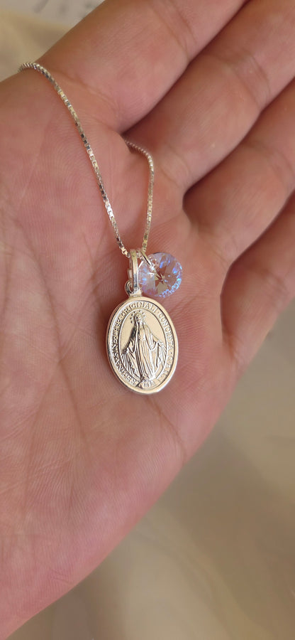 Collar Medalla Virgen de los Rayos en Plata Italiana 925 con Cristal Swarovski