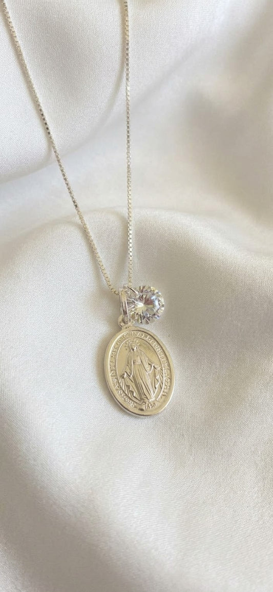Collar Medalla Virgen de los Rayos en Plata Italiana 925 con Cristal Swarovski